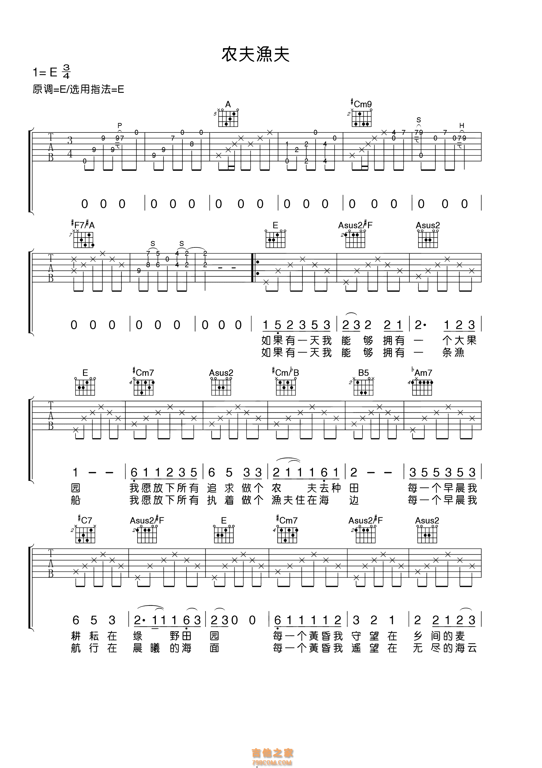 《农夫渔夫》吉他谱曲谱_适合新手入门弹唱的零基础C调简谱扫弦教学 - 易谱库