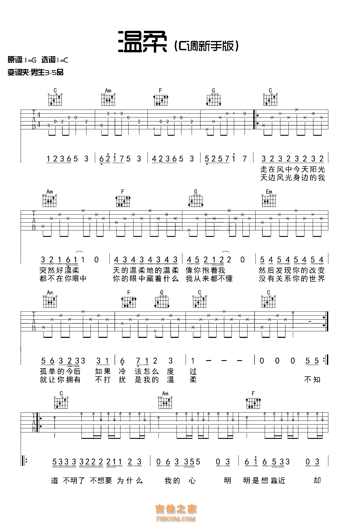 蔡琴《恰是你的温柔》吉他谱_C调和弦指法_高清六线谱_天虹乐器版 - 升诚吉他网