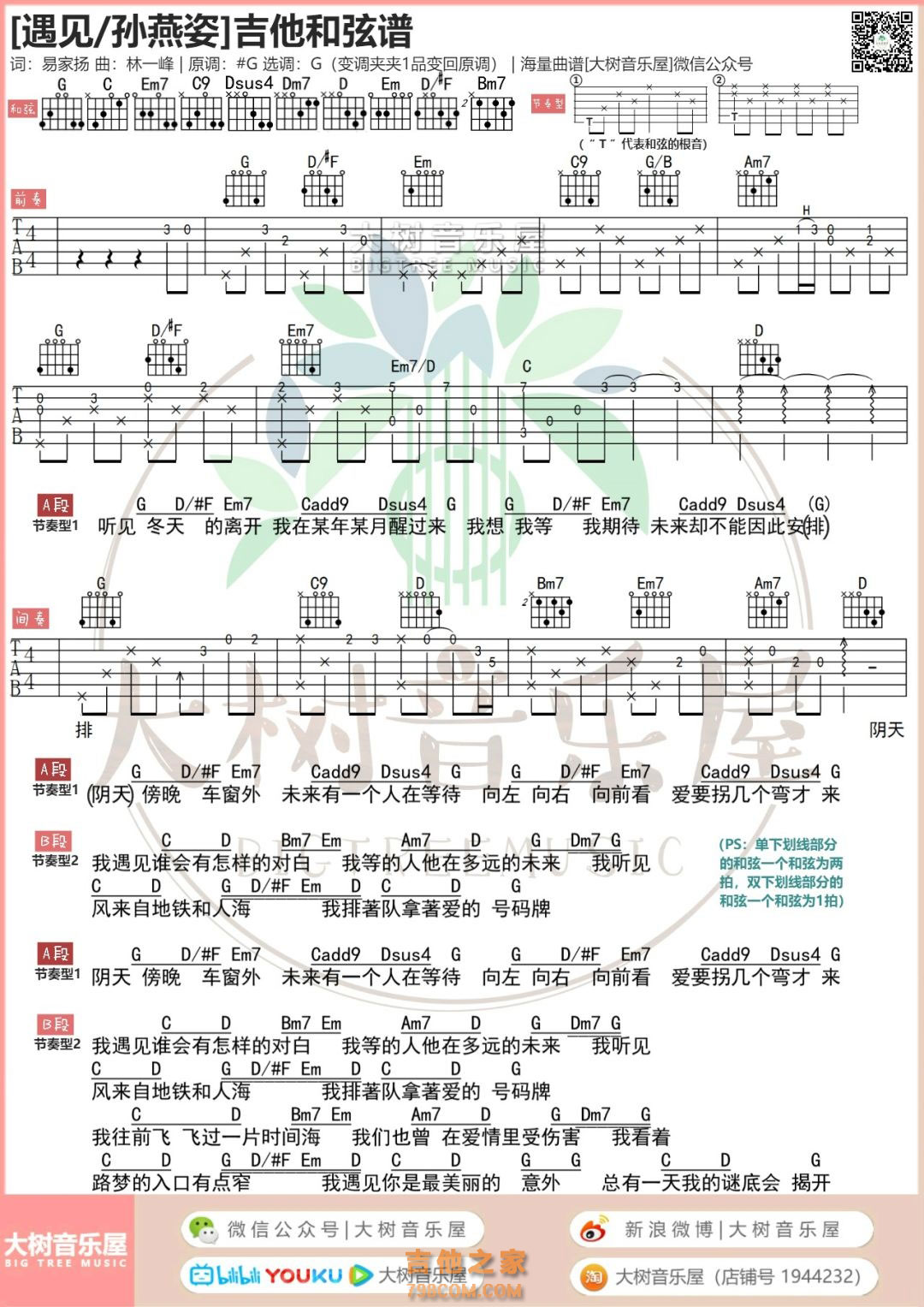 遇见吉他谱_孙燕姿_C调弹唱76%专辑版 - 吉他世界