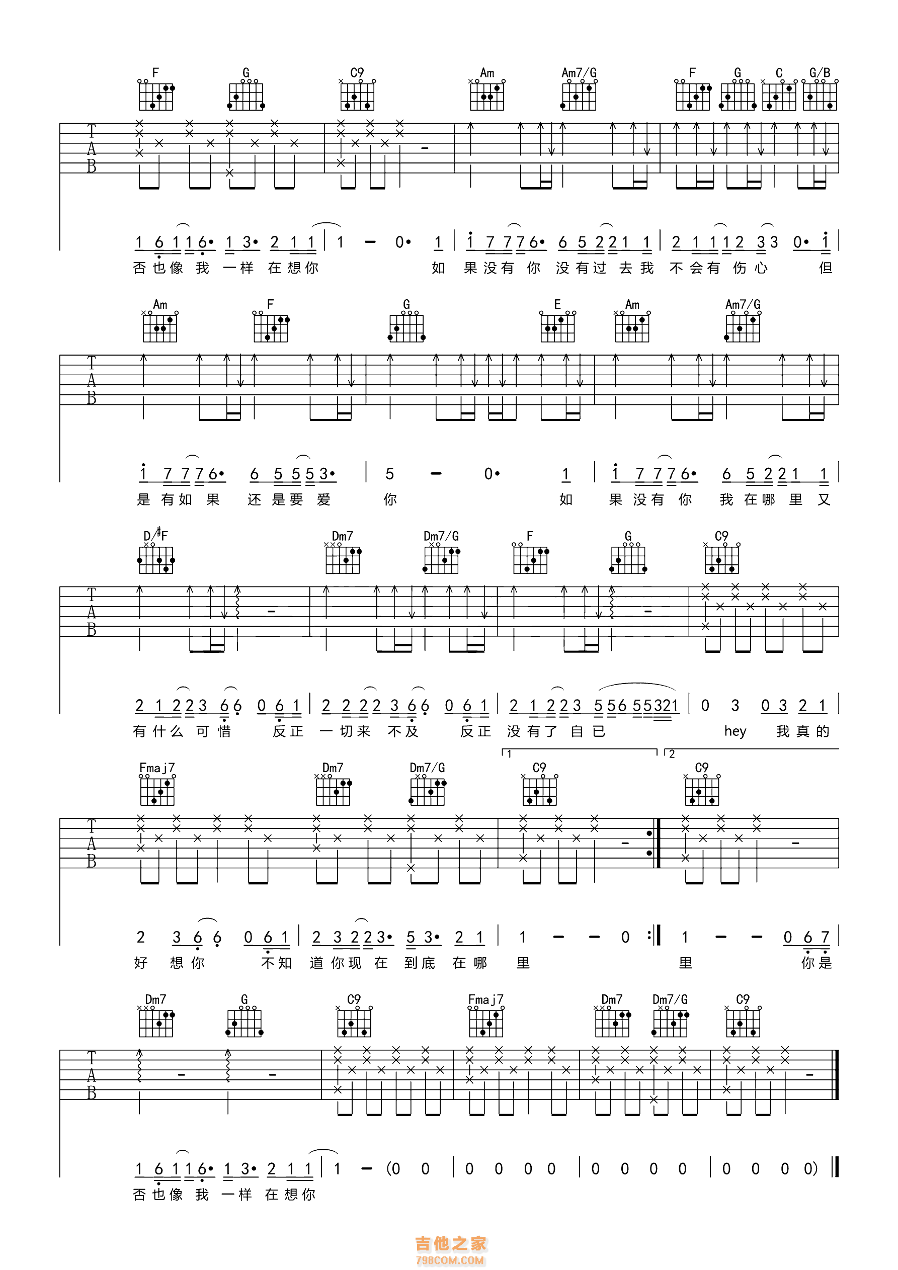 如果没有你吉他谱 莫文蔚 C调高清弹唱谱_音伴