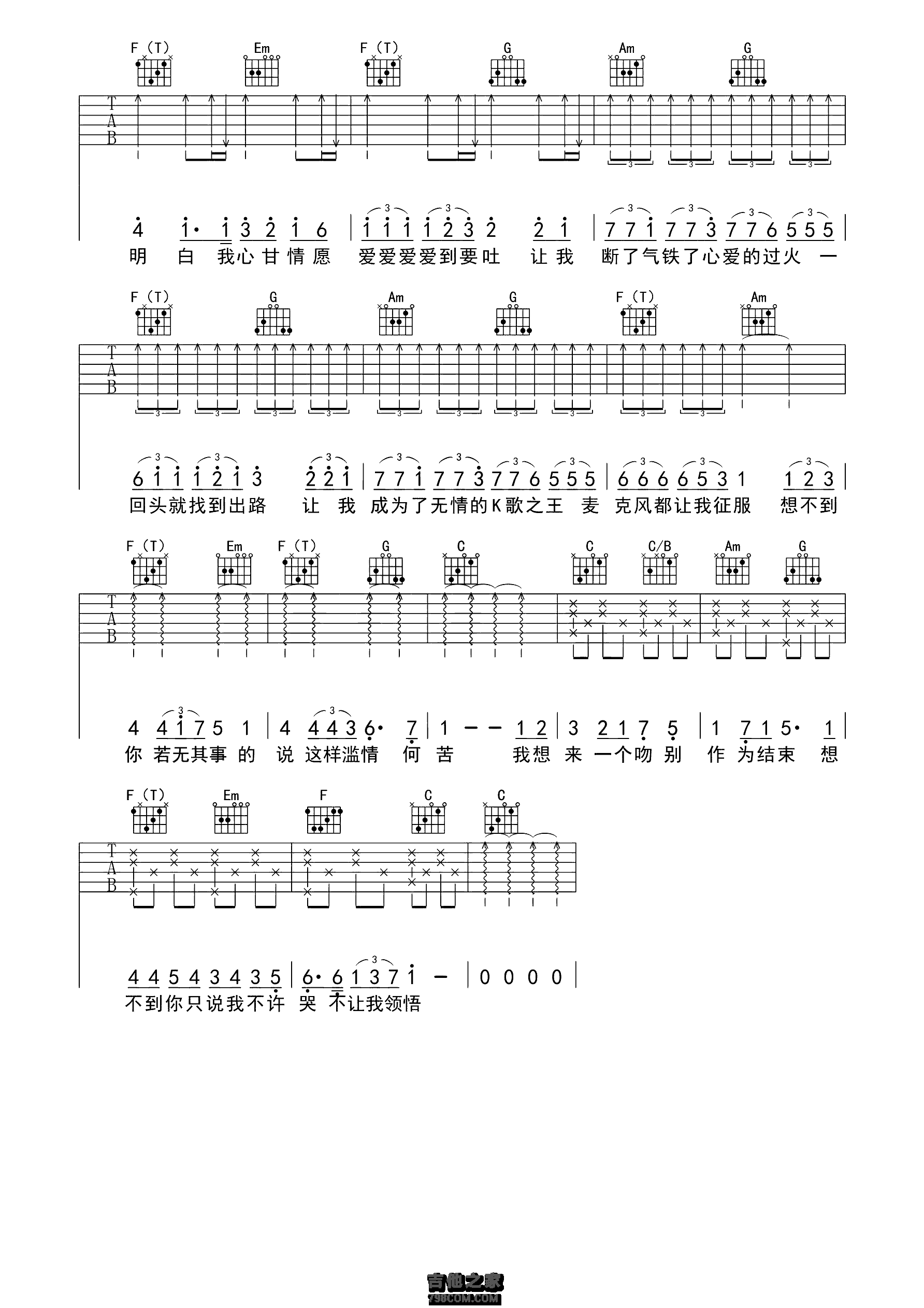 陈奕迅《K歌之王》吉他谱_C调指法版六线谱_图片吉他谱-吉他派