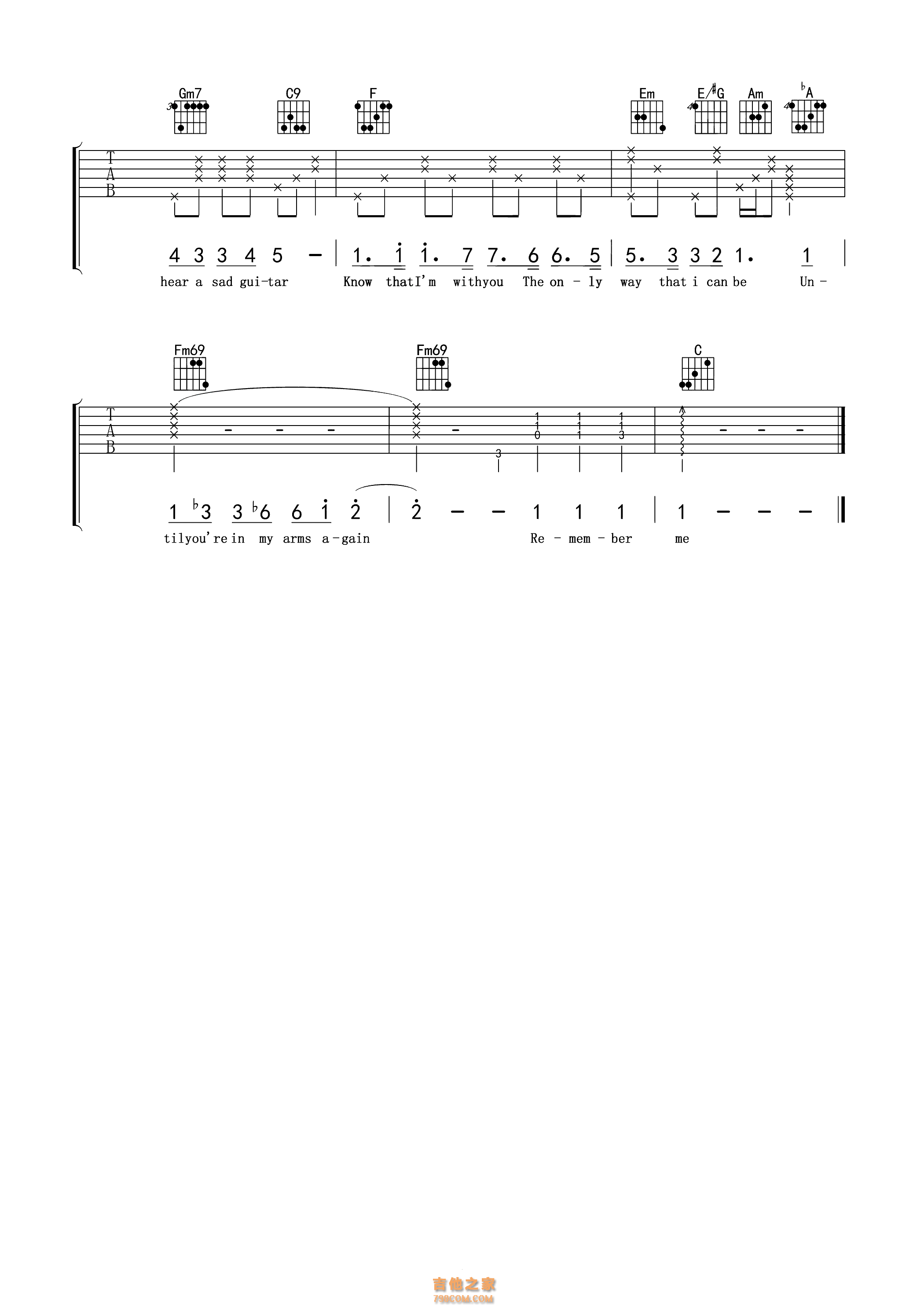 Remember Me吉他谱简单版 _高清六线谱指弹版 - W吉他谱