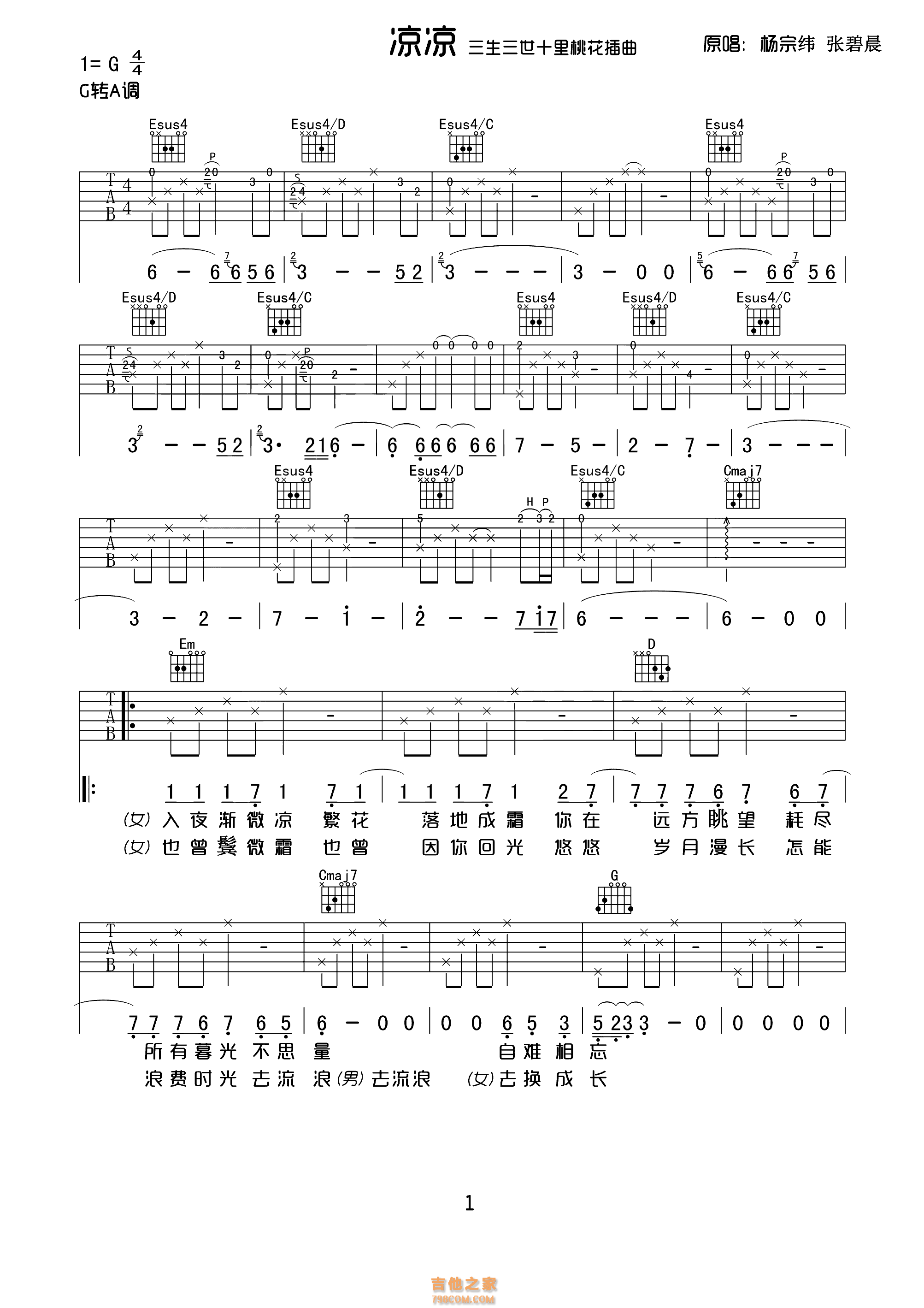 凉凉吉他谱,原版张碧晨歌曲,简单G调弹唱教学,七彩虹琴行版六线指弹简谱图 - 极网吉它谱大全