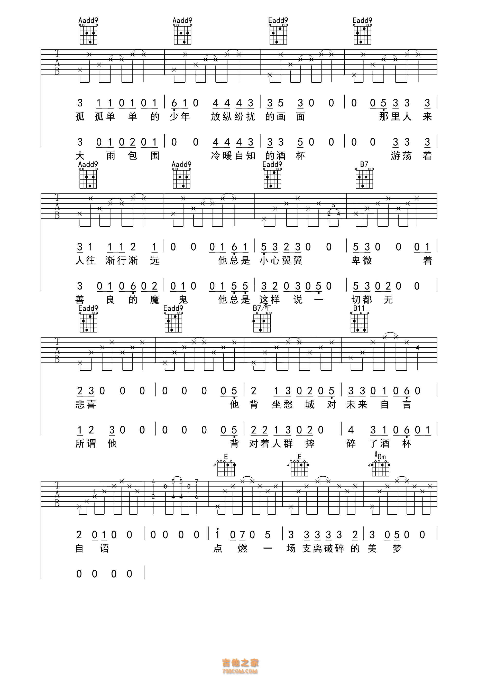 皆非吉他谱_马頔_E调弹唱92%单曲版 - 吉他世界