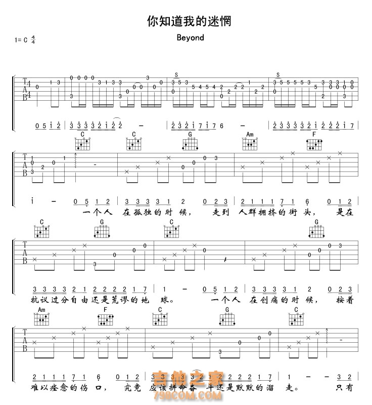 Beyond 你知道我的迷惘吉他谱C调