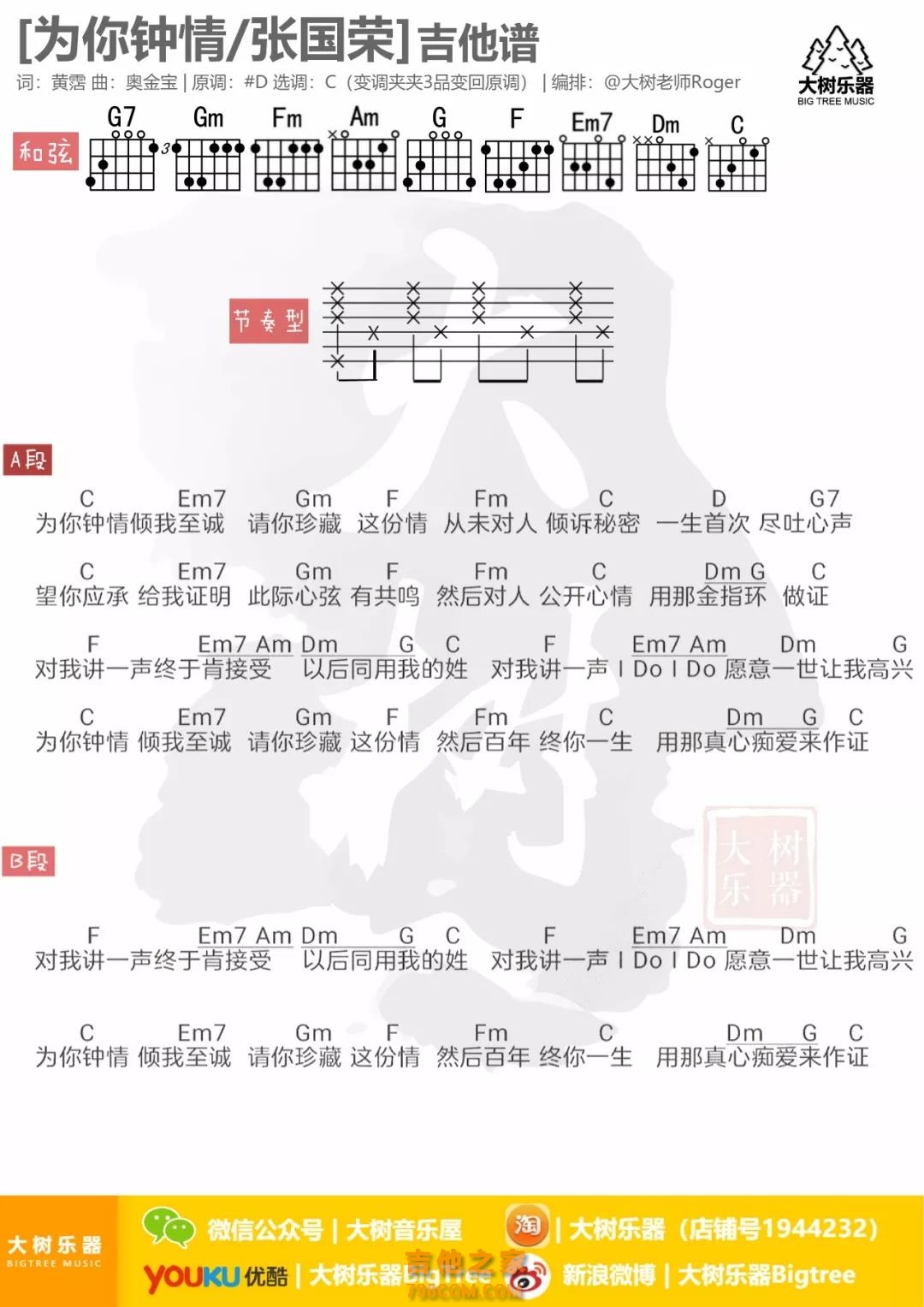 张国荣《为你钟情》吉他弹唱谱
