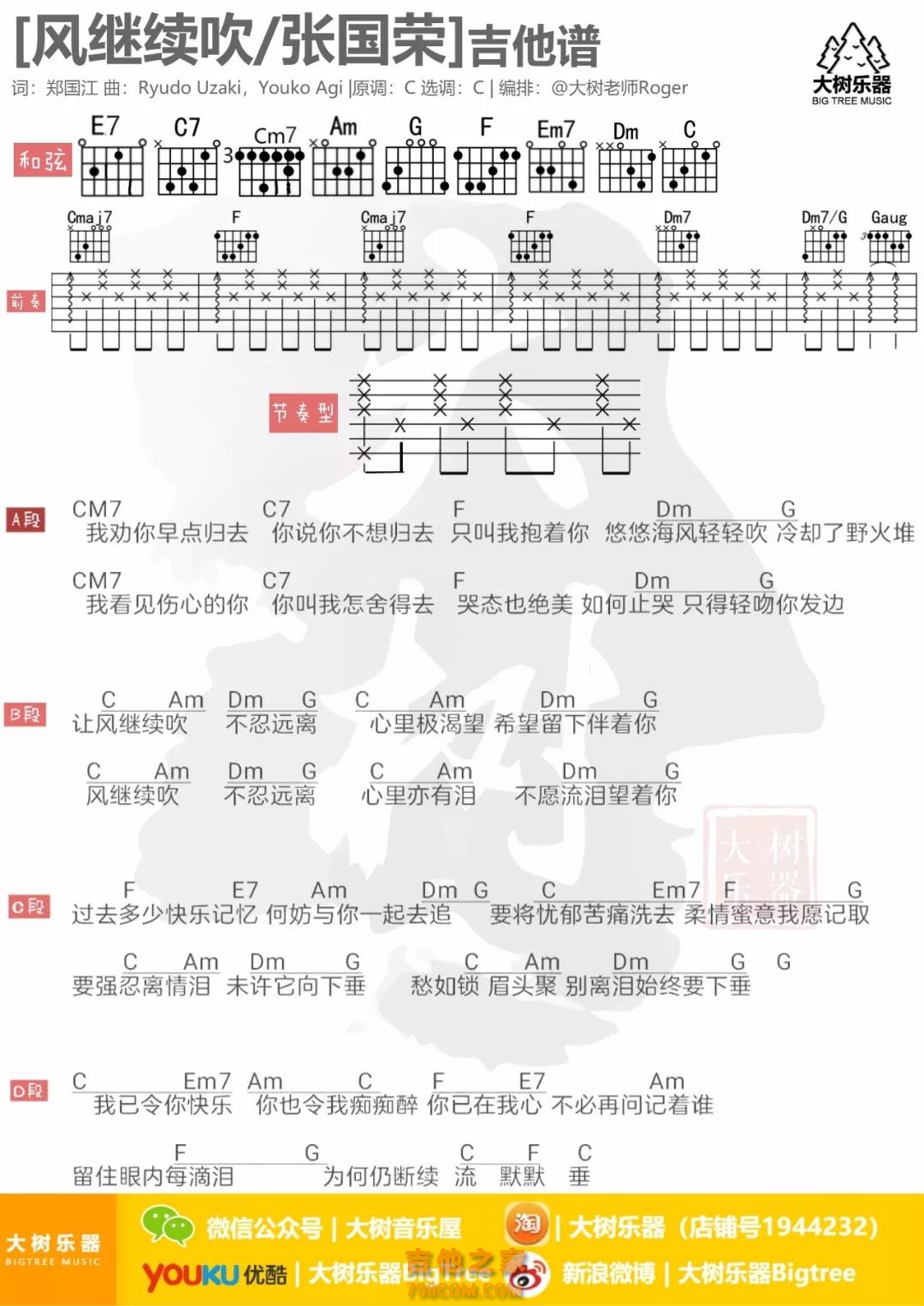 风继续吹吉他谱 C调附前奏_毛毛吉他编配_张国荣-歌谱网