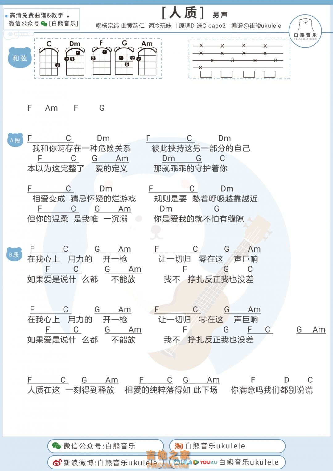 张惠妹《人质》尤克里里谱 吉他弹唱谱[白熊音乐]