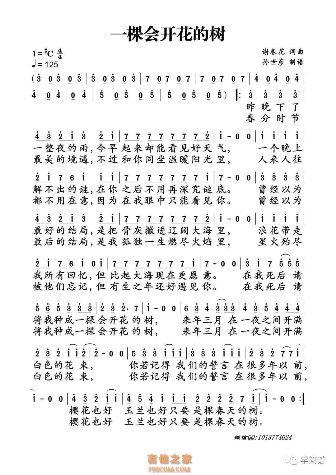 【一棵会开花的树简谱】谢春花《一棵会开花的树》简谱