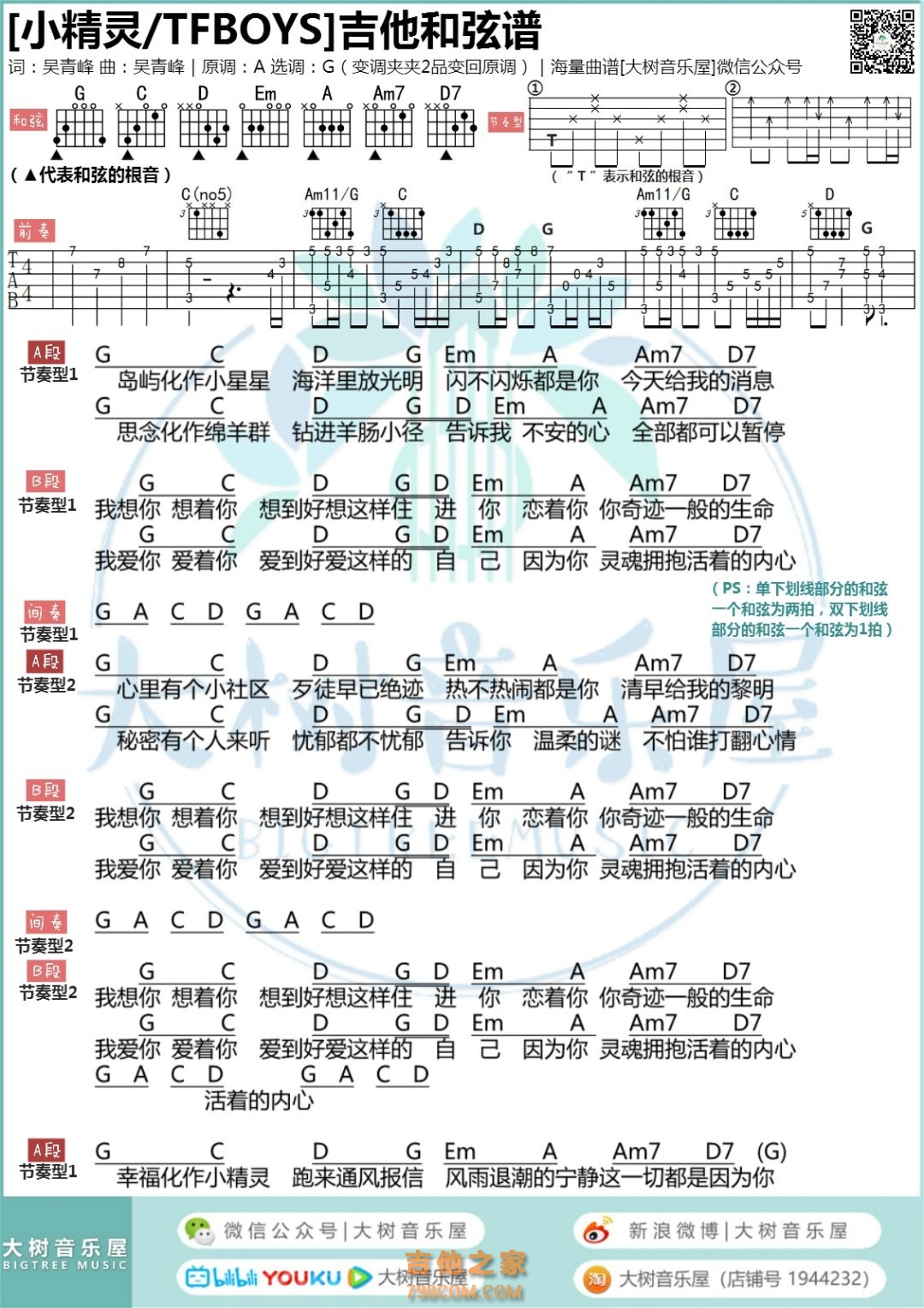 小精灵吉他谱_tfboys_C调原版六线谱_吉他弹唱教学 - 酷琴谱