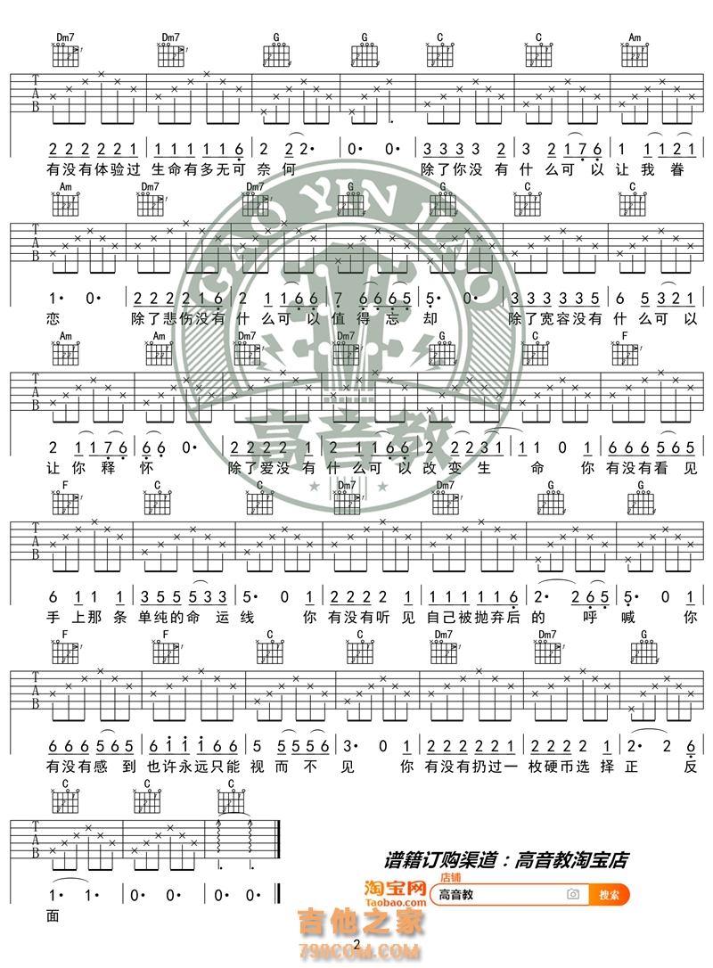 汪峰《硬币》吉他谱C调入门版 高音教