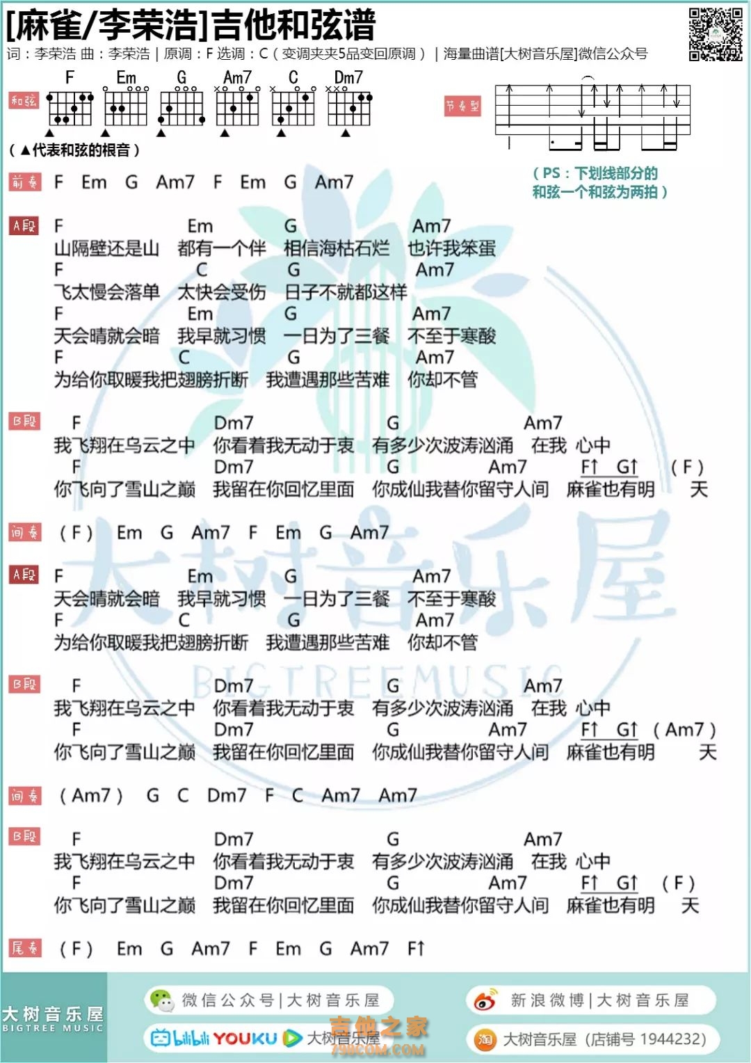 廖俊涛 - 谁（大树音乐屋） [弹唱 教学] 吉他谱