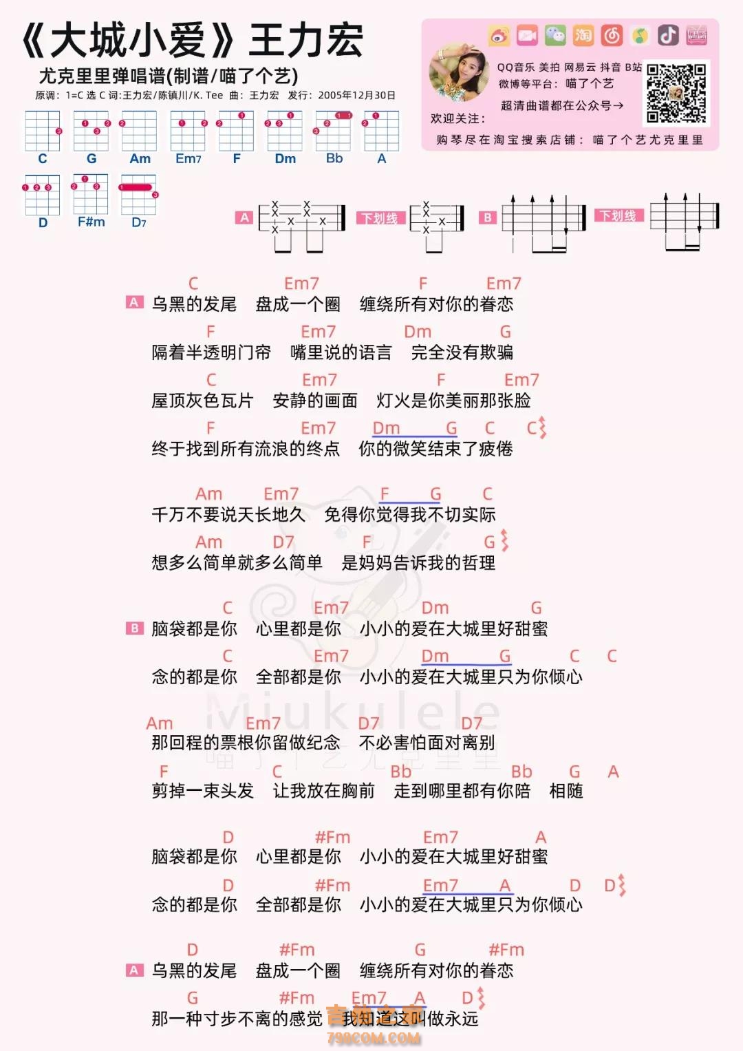 大城小爱吉他谱_王力宏_C调版弹唱六线谱 - 吉他园地