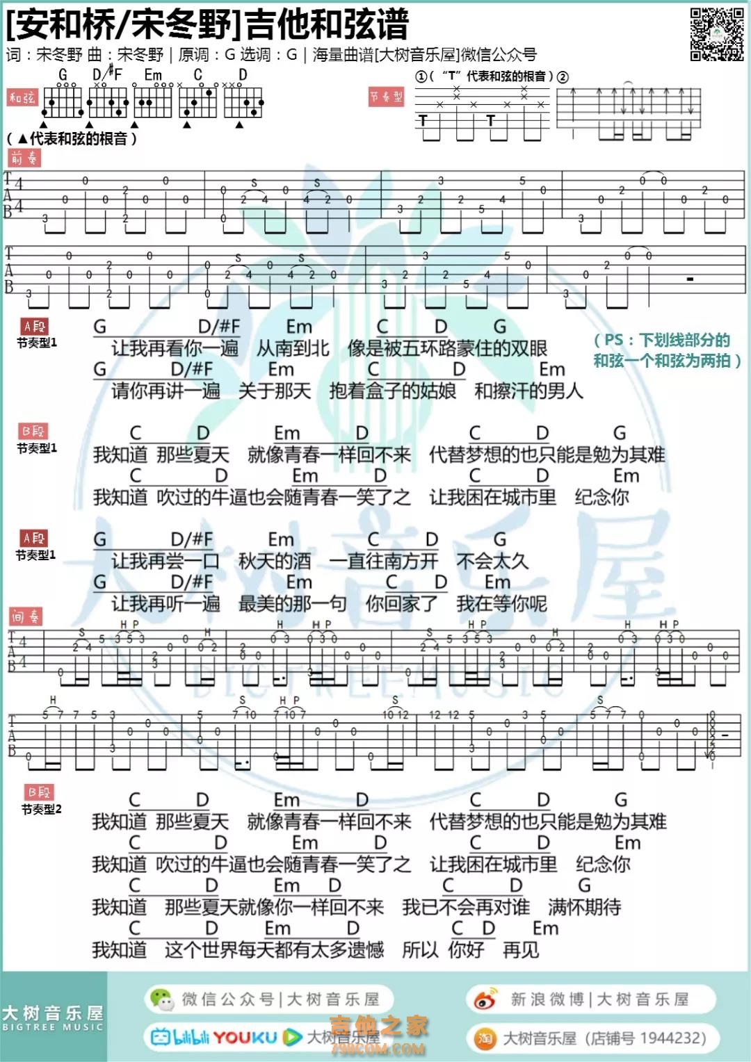 安和桥吉他谱_宋冬野_G调指弹 - 吉他世界