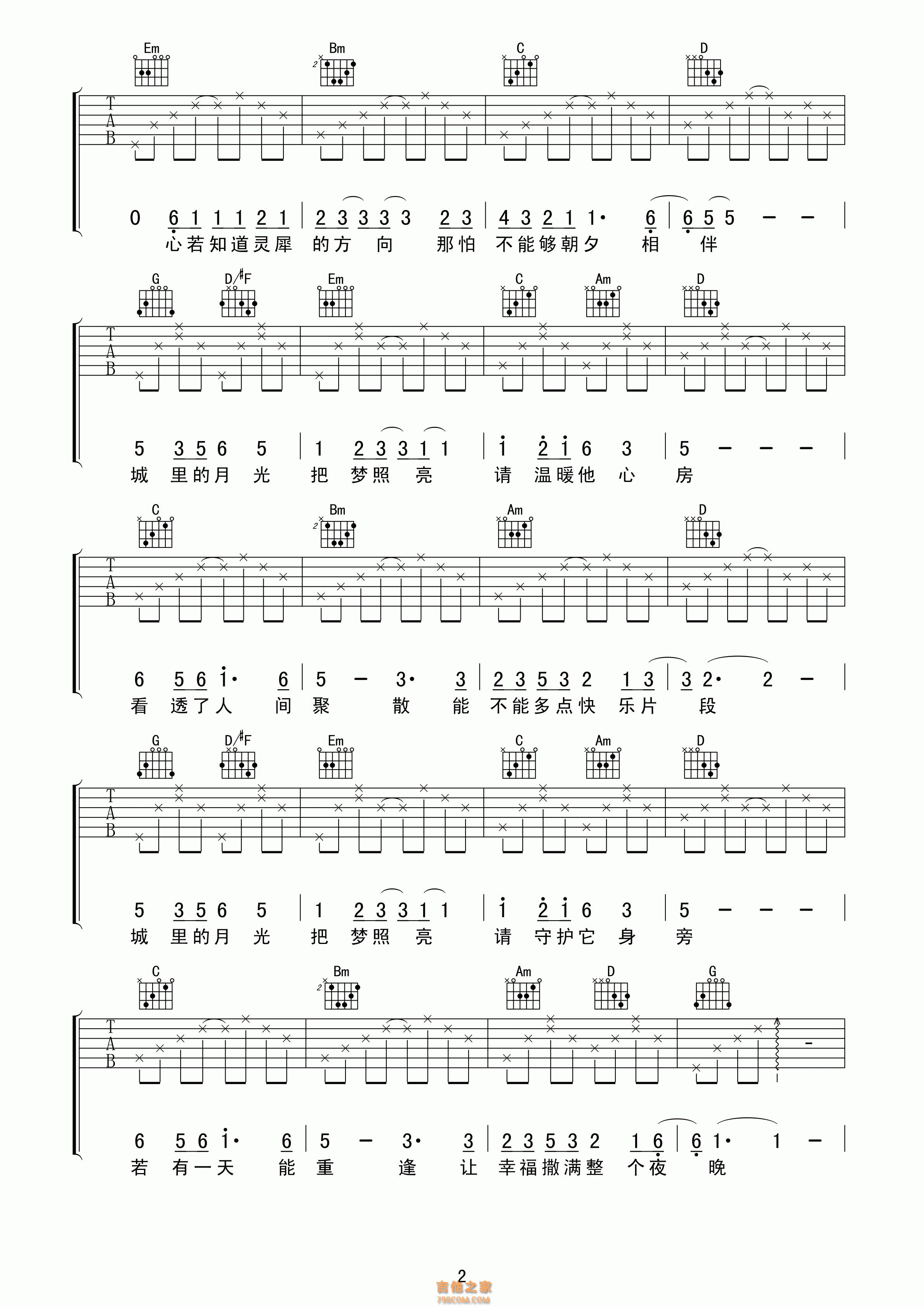 《城里的月光》许美静 _吉他弹唱谱-知音琴谱