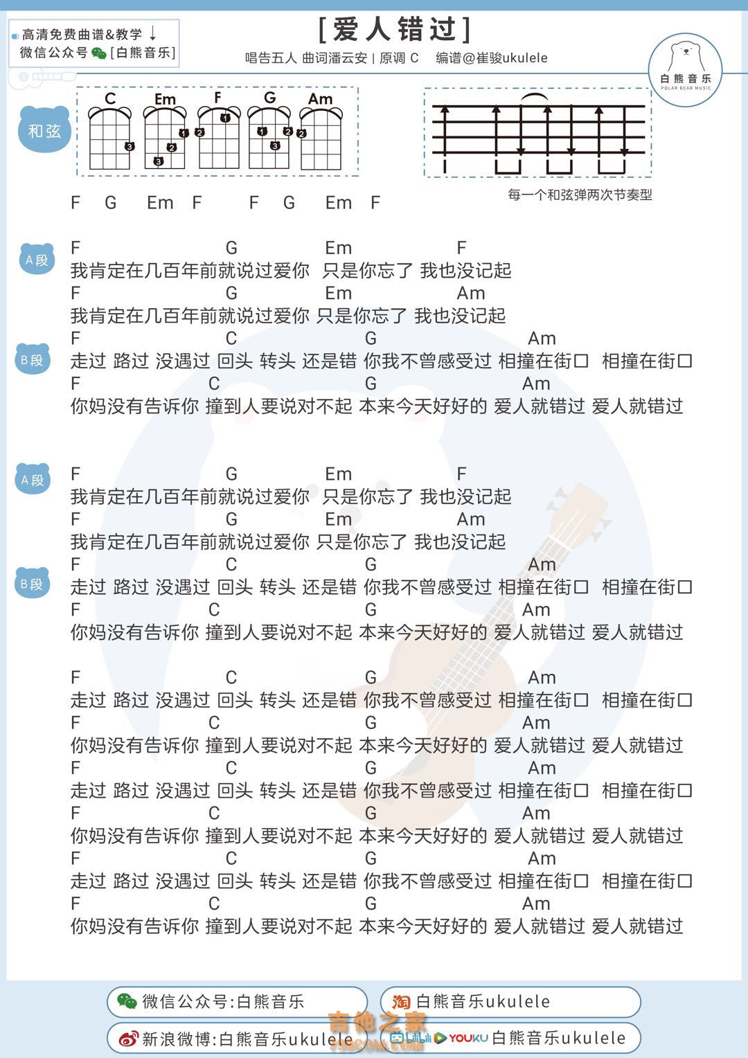 吉他新手节奏型乐谱《爱在夏天》6线谱 - 告五人C调编配和弦谱(弹唱谱) - 原调C调 - 国语版初级吉他谱 - 吉他简谱