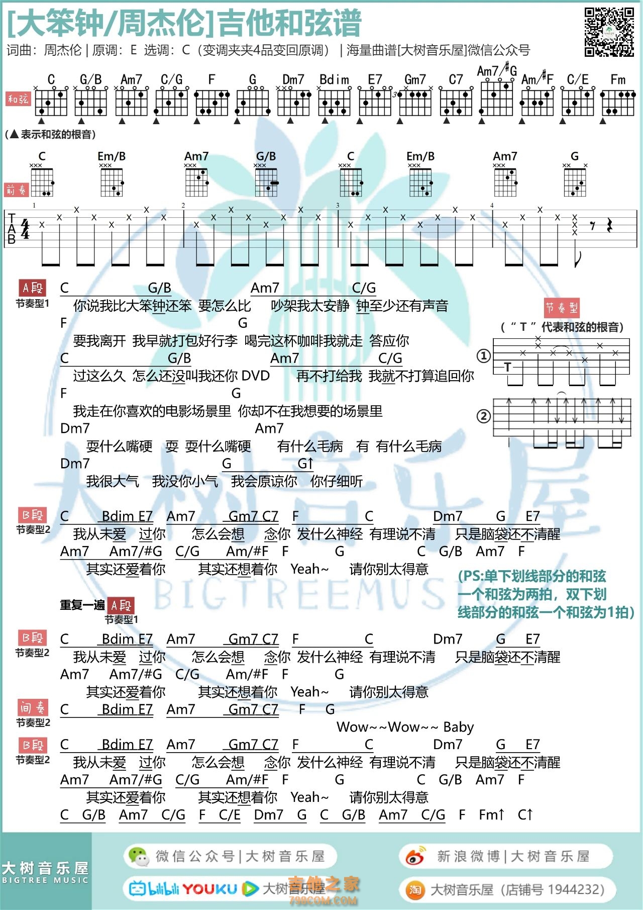 大笨钟吉他谱_周杰伦_C调指弹 - 吉他世界