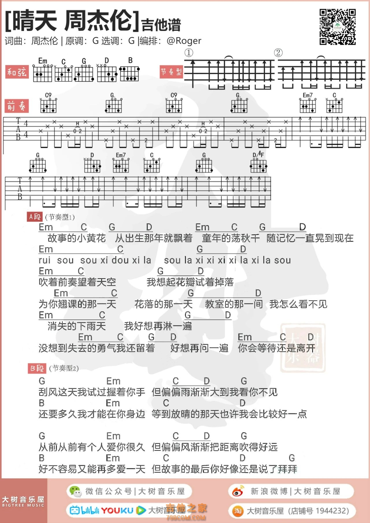 晴天吉他谱_周杰伦_G调弹唱63%单曲版 - 吉他世界