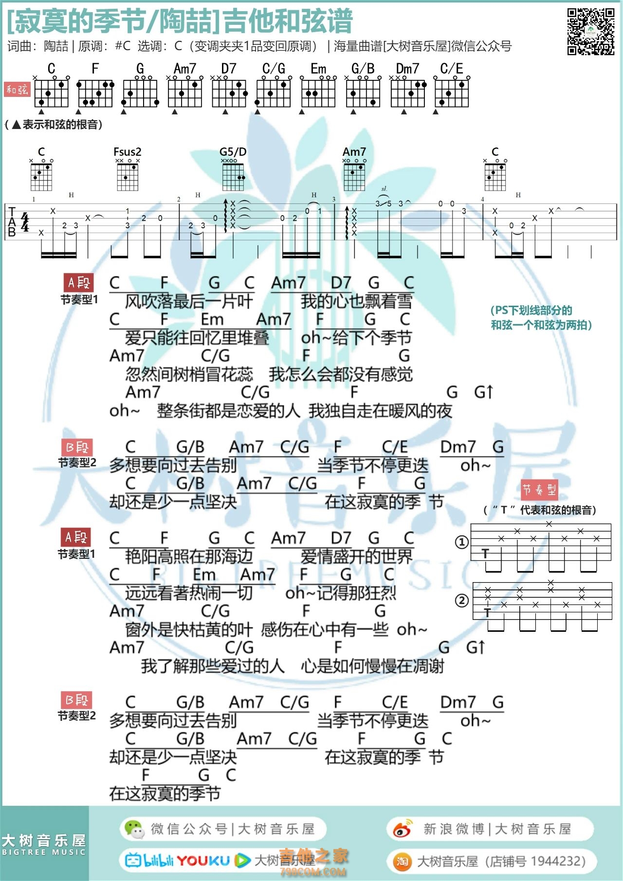 寂寞的季节指弹吉他谱 陶喆 C调高清指弹谱_音伴