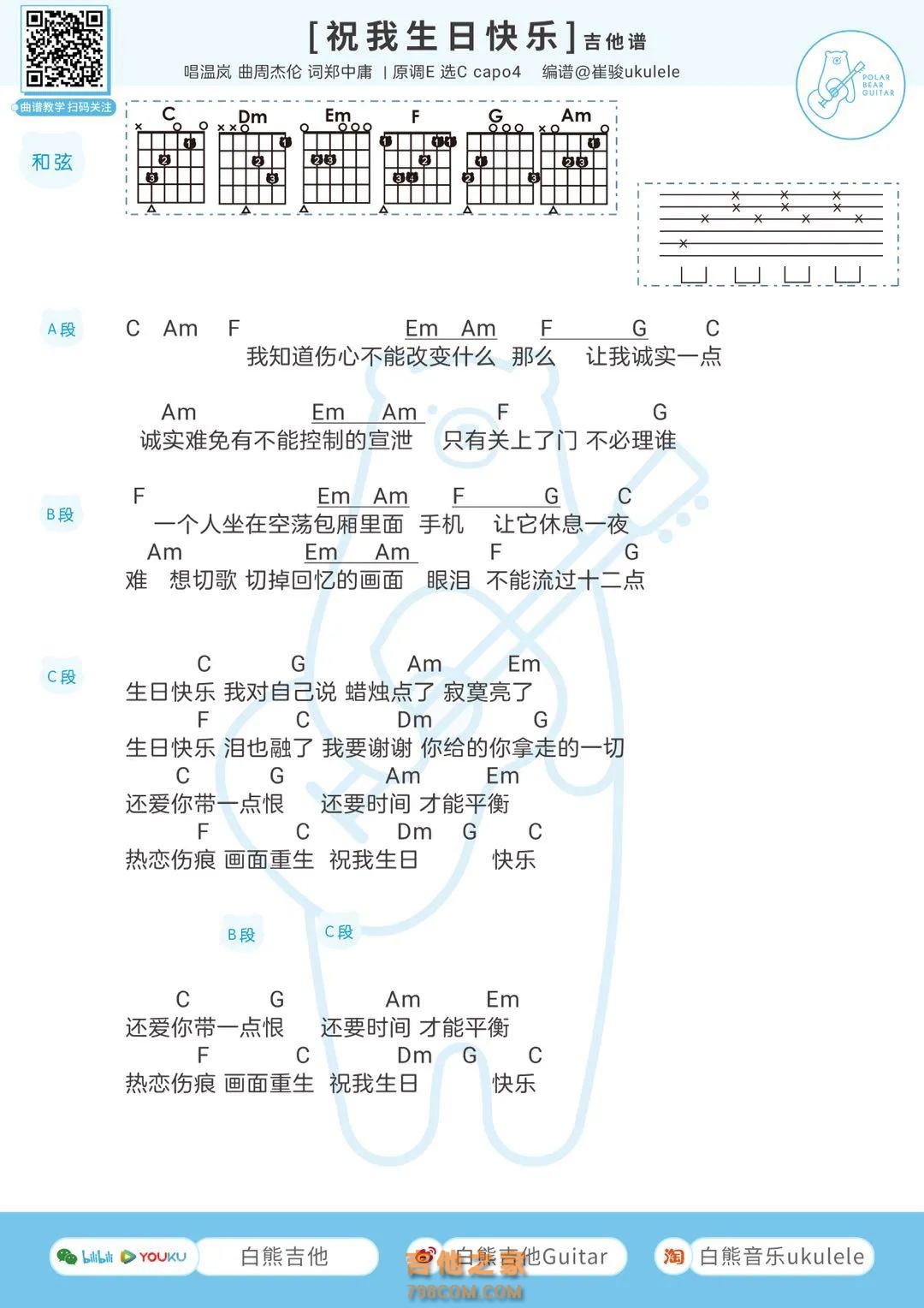 生日快乐吉他谱·儿歌《生日快乐》入门指弹吉他谱C调 - 入门吉他谱 - 吉他之家