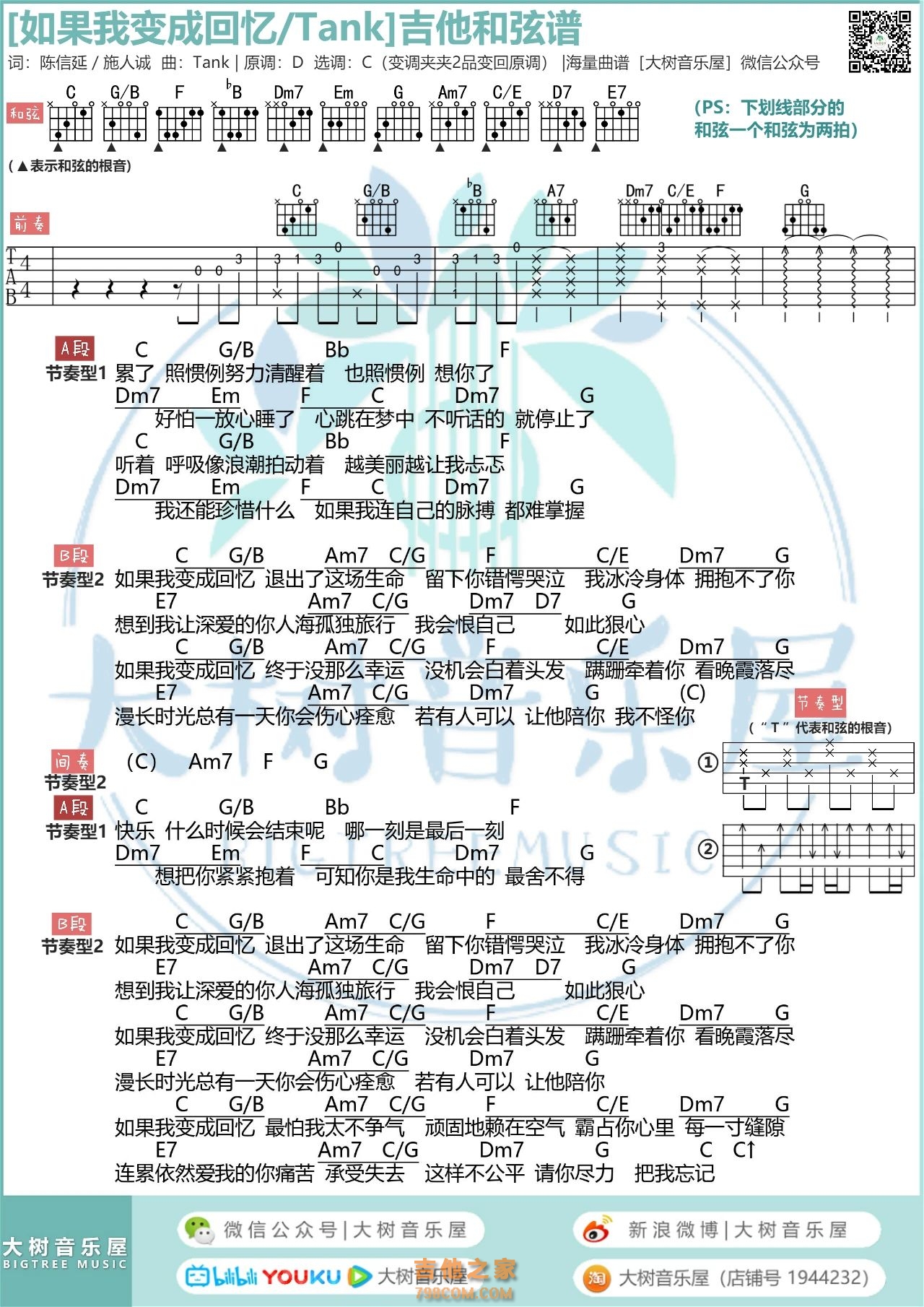 如果我变成回忆吉他谱_Tank_G调版吉他弹唱六线谱-吉他派