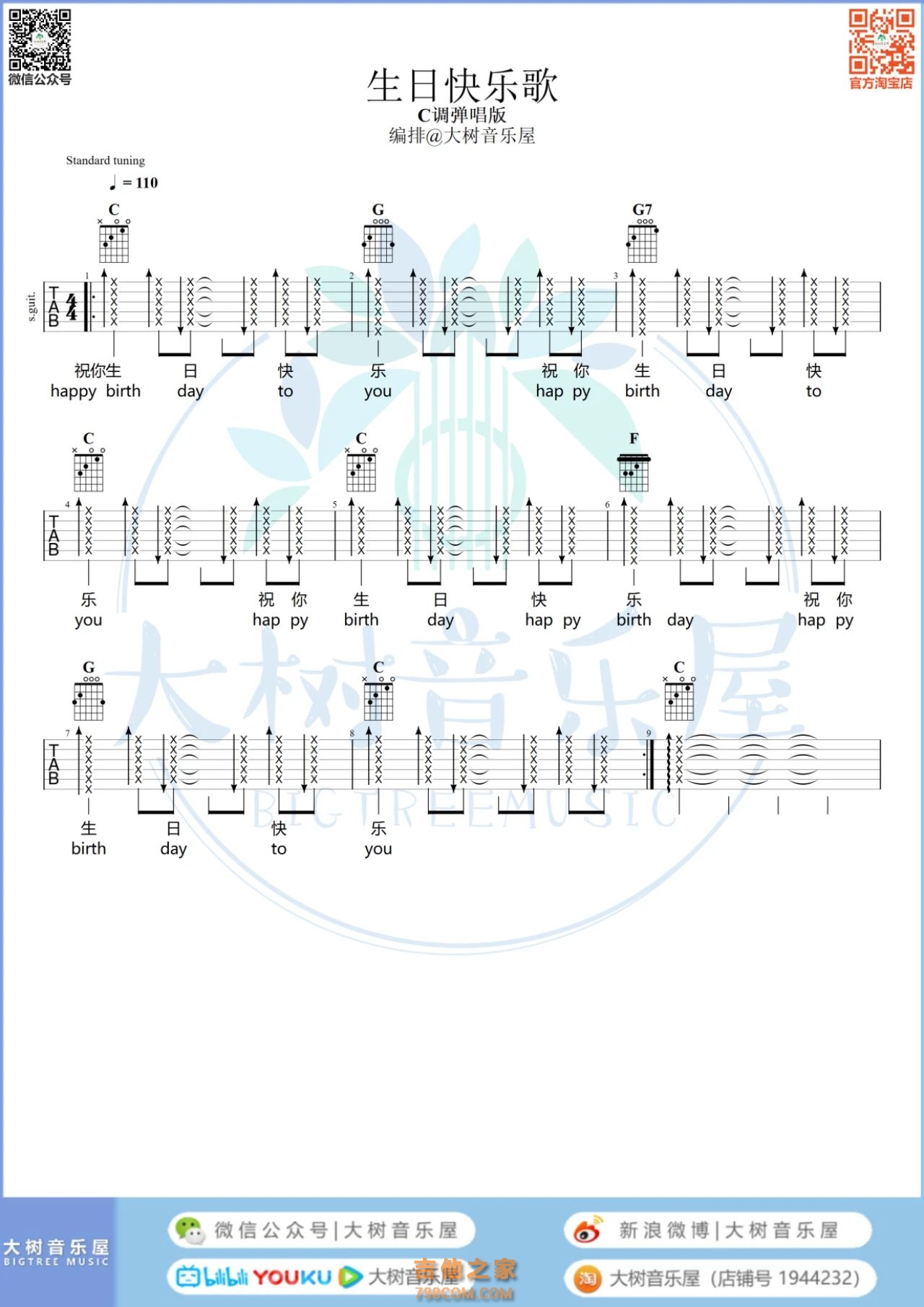 生日快乐吉他谱-独奏谱+弹唱谱-吉他入门教学视频-简谱网