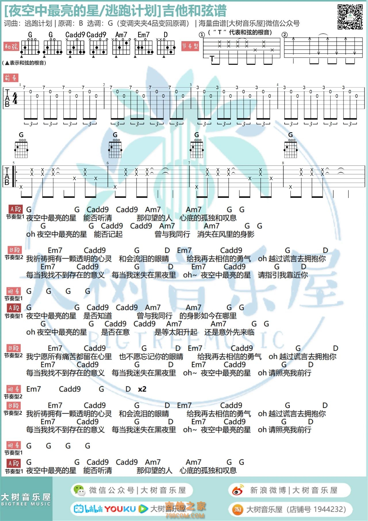 逃跑计划《夜空中最亮的星》原版吉他谱 - 曲谱网