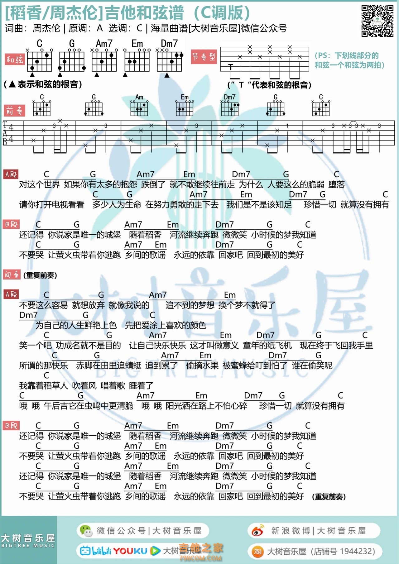 稻香吉他谱_周杰伦_C调简单版吉他弹唱谱附教学视频-吉他派