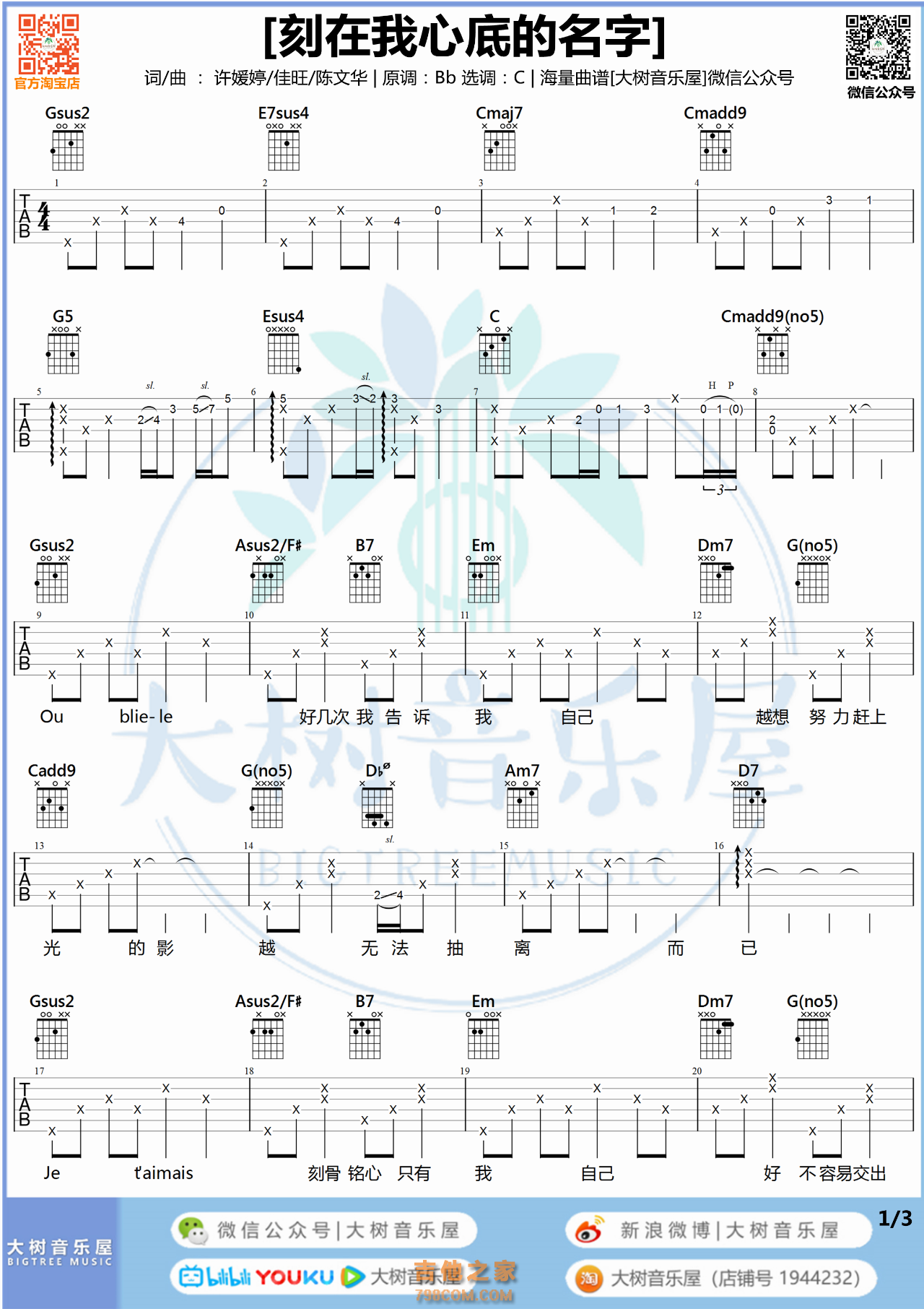 Top 5 刻在我心底的名字吉他谱 fingerstyle 2022