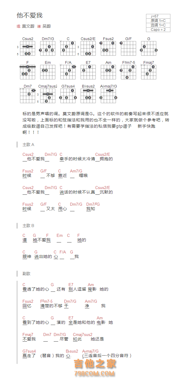 [男生版]他不爱我吉他谱和弦版 莫文蔚