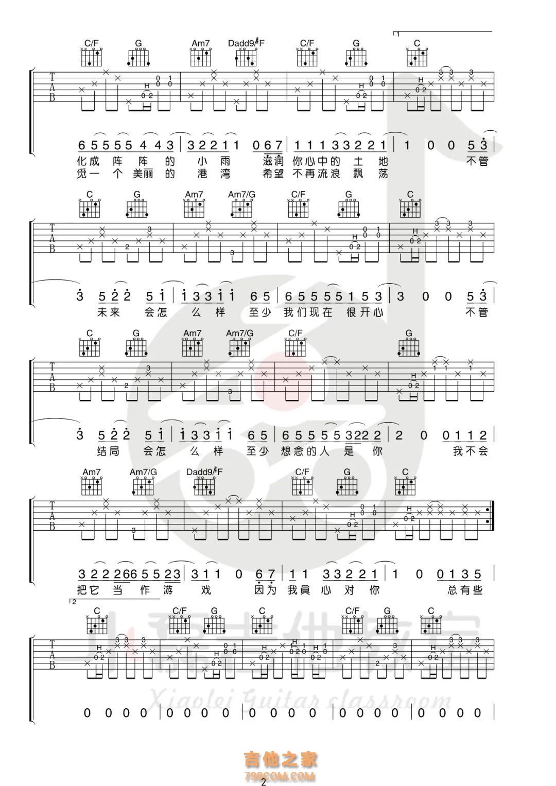 小宇吉他谱_张震岳_C调原版六线谱/和弦谱_吉他弹唱教学 - 酷琴谱