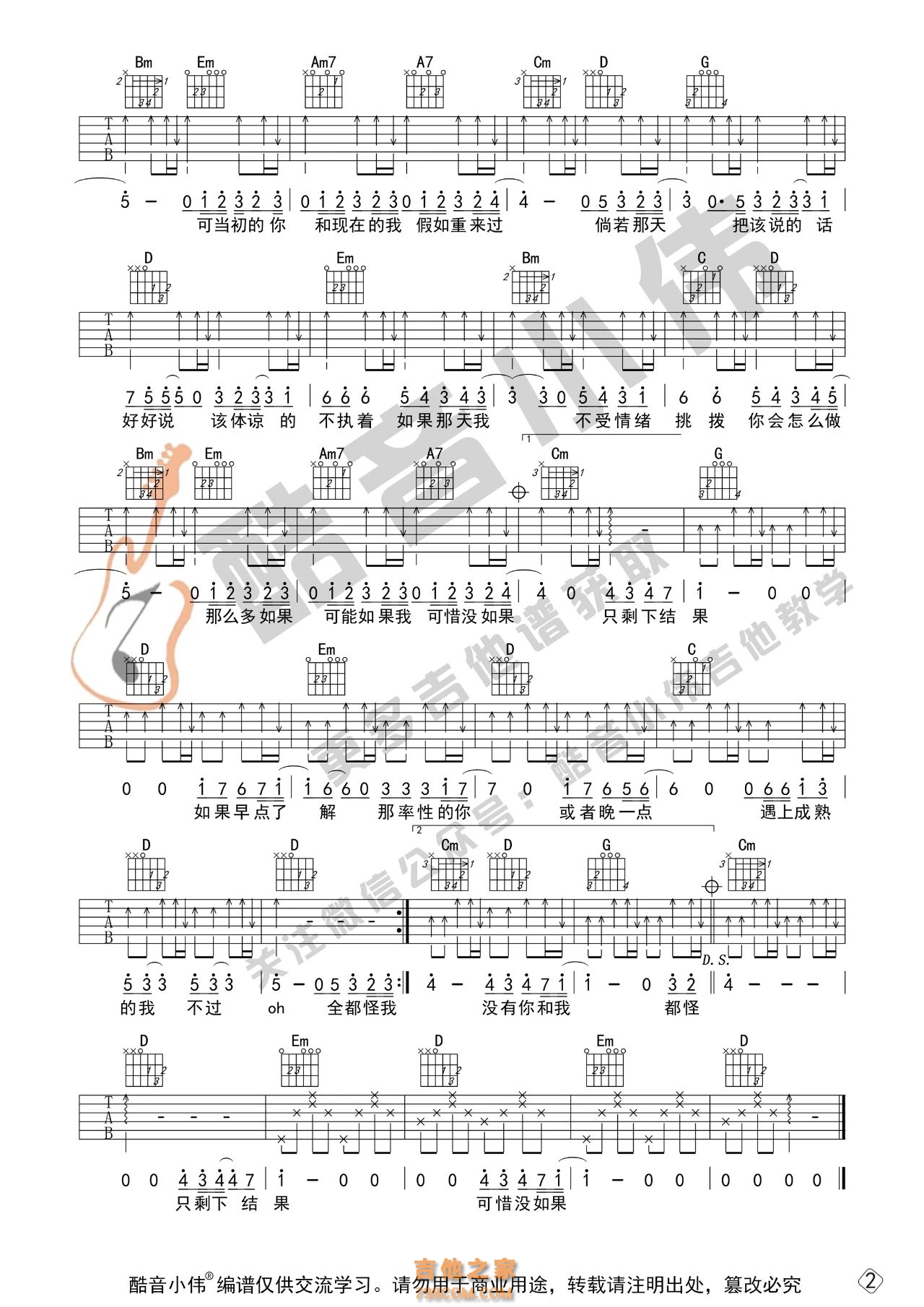 可惜没如果吉他谱_林俊杰_C调原版编配_吉他弹唱六线谱 - 酷琴谱