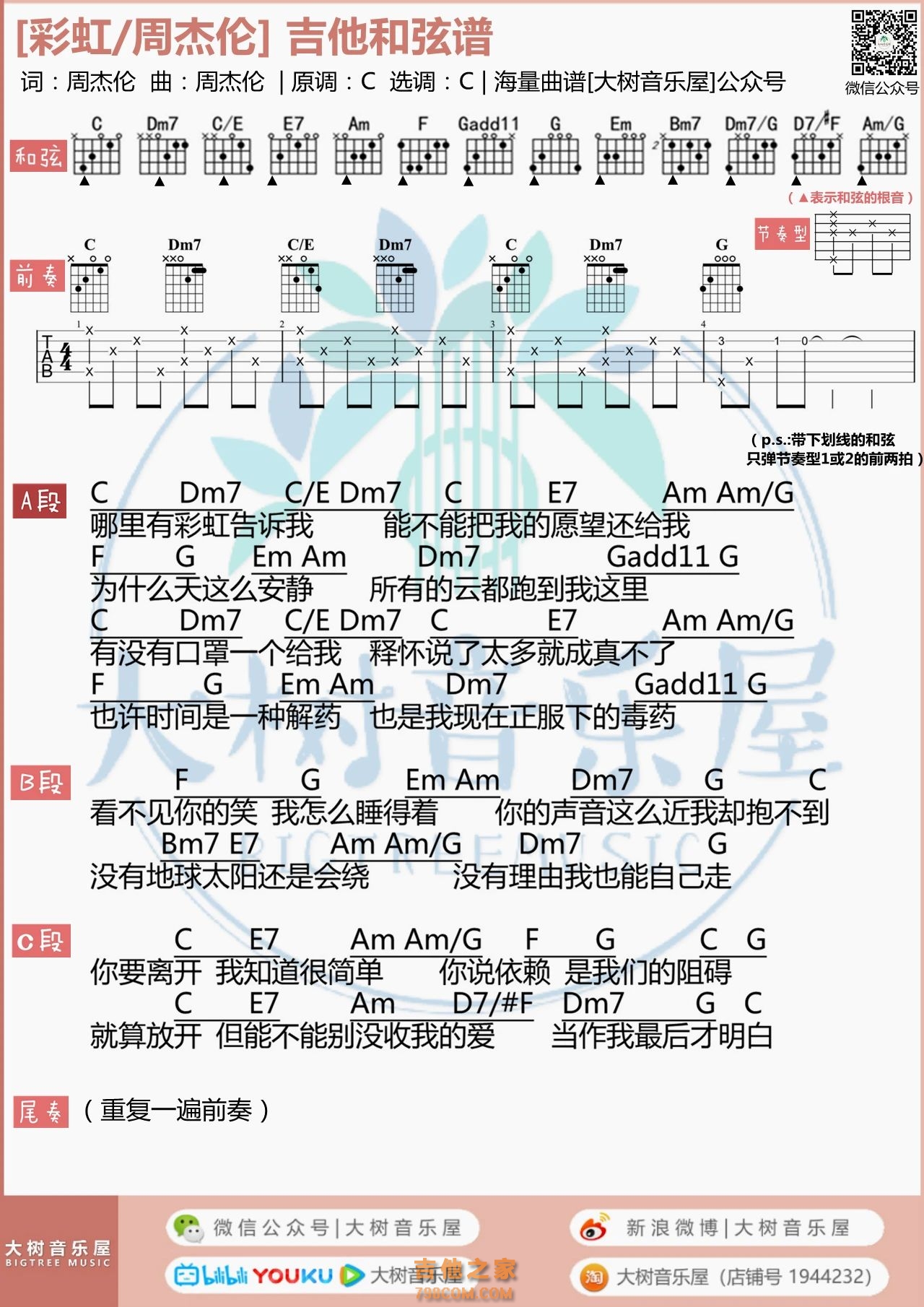 彩虹吉他谱_周杰伦_C调原版六线谱_弹唱教学视频 - 乐谱猫