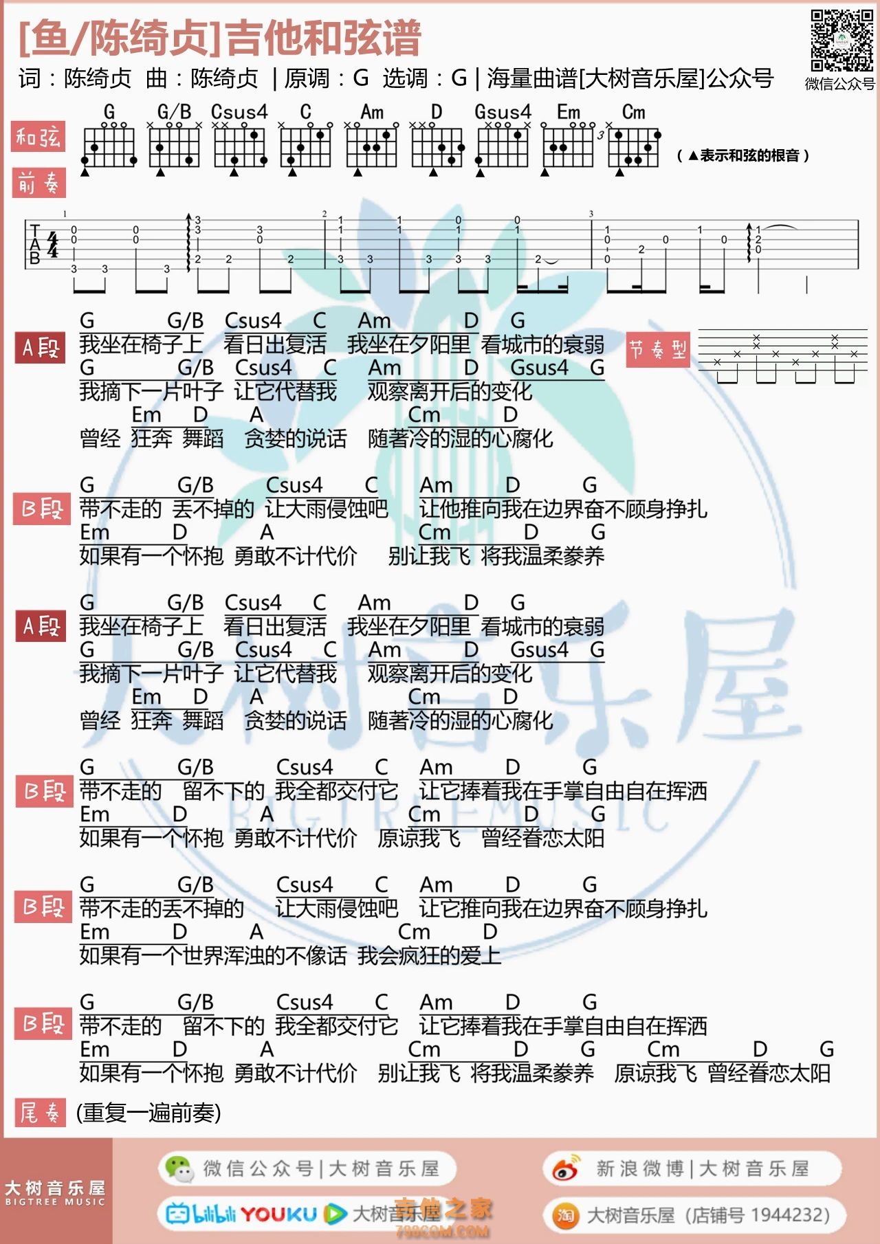 吉他手吉他谱_陈绮贞_G调弹唱76%专辑版 - 吉他世界