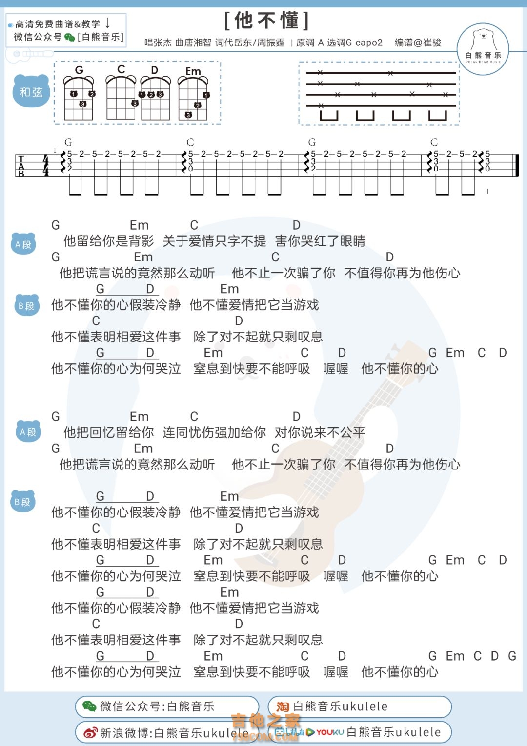 他不懂吉他谱 张杰 吉他弹唱教学视频-吉他派