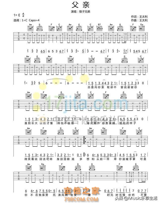 入门吉他曲谱 ▏筷子兄弟《父亲》吉他谱，夹4品选用C调指法