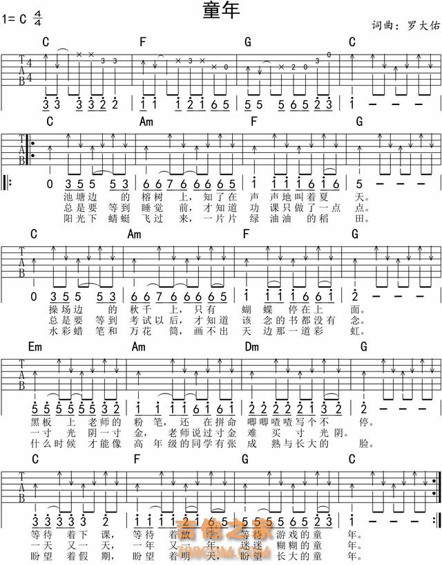 民谣吉他二级进阶（第5课上）：罗大佑《童年》带前奏C调吉他谱