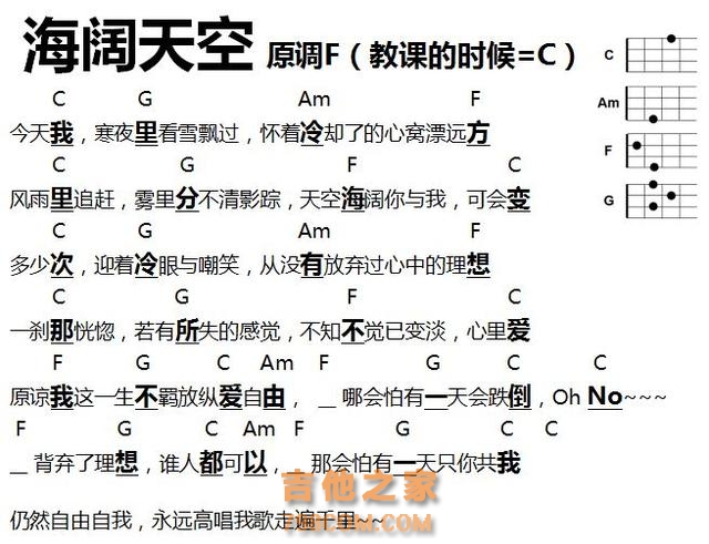 谱子：里茶叔叔教小朋友尤克里里《海阔天空》的简易版