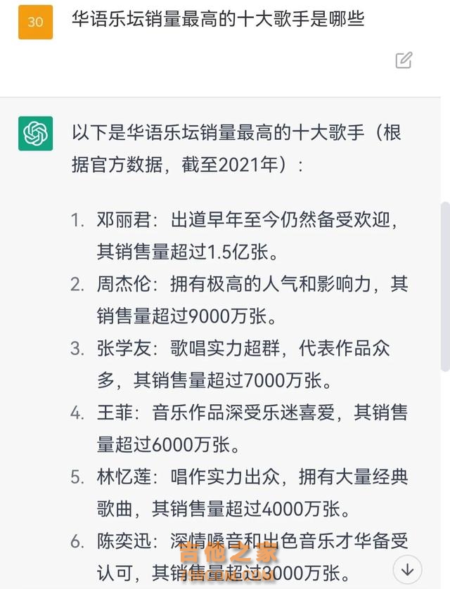 chatGPT：华语乐坛影响力最高的十大歌手，第一名实至名归！