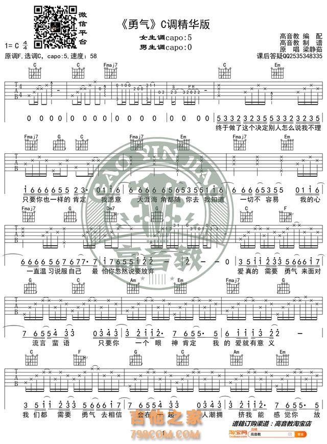 《勇气》吉他谱C调精华版  高音教编配