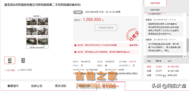 湖北十堰茂弘纺织股份有限公司纺织设备100.69万拍卖成交