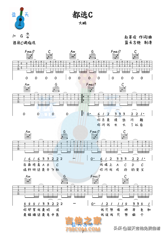 《都选C》吉他谱免费分享,赵英俊熬夜爆肝制作