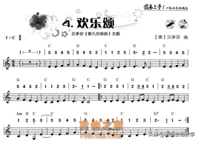 适合想要自学吉他，零基础就能学会弹奏的的乐曲《欢乐颂》