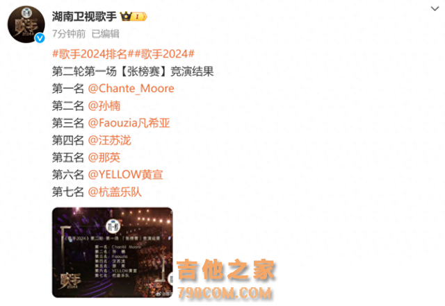 刚刚，《歌手2024》第四期排名公布！香缇莫第一，孙楠第二