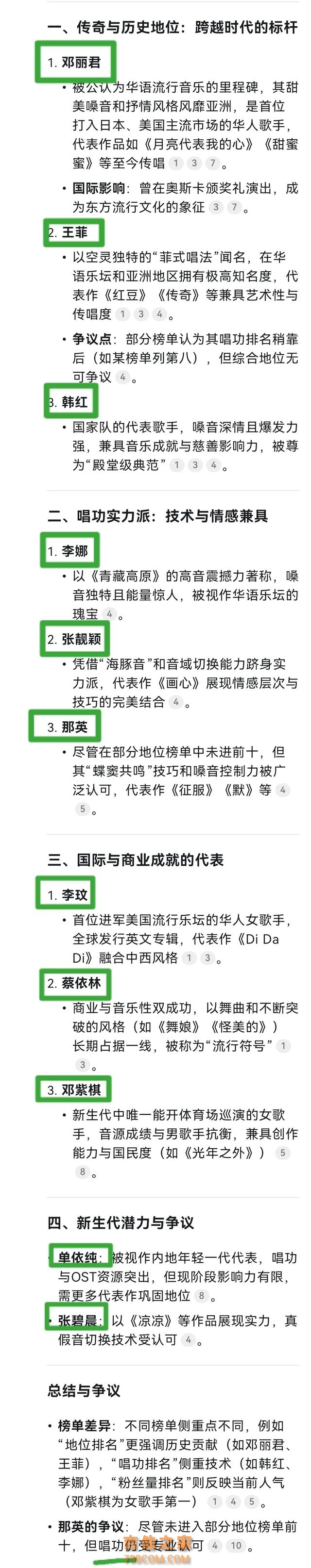 中国女歌手实力排名，邓丽君排第一，那英也上榜了！